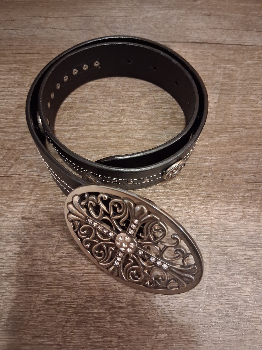 Roper Black Leather Belt with Silver Filigree Oval Buckle